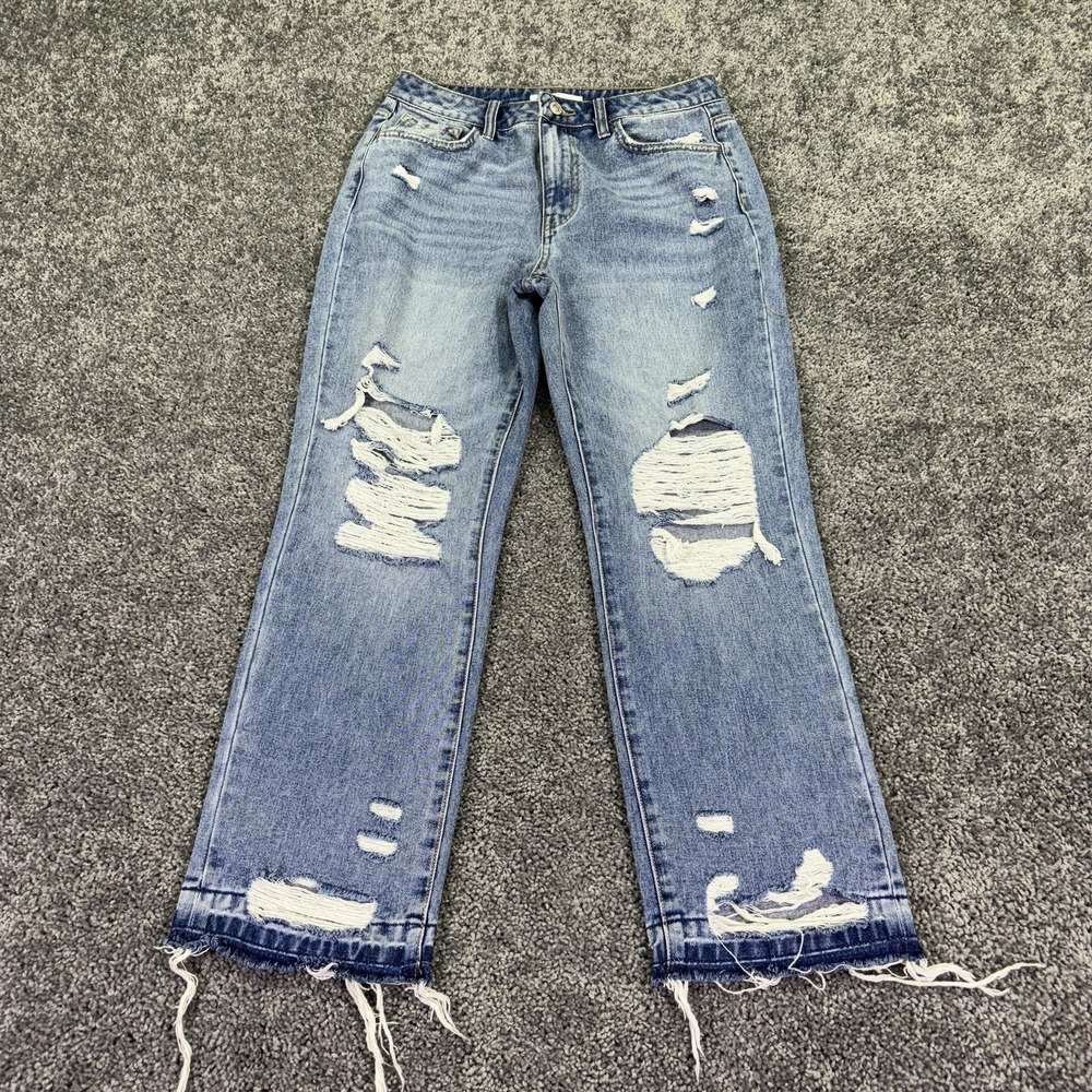 Flying Monkey Jeans Womens 27 Blue Cropped Straight Distressed Fringe Hem